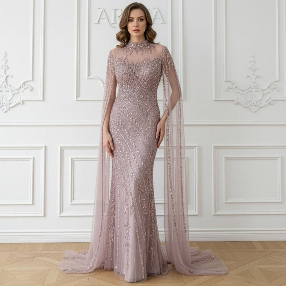 Luxury Dubai Champagne Rhinestone Mermaid Evening Dress High Neck Tulle Cape Sleeve Formal Gown For Wedding Banquet EV1166