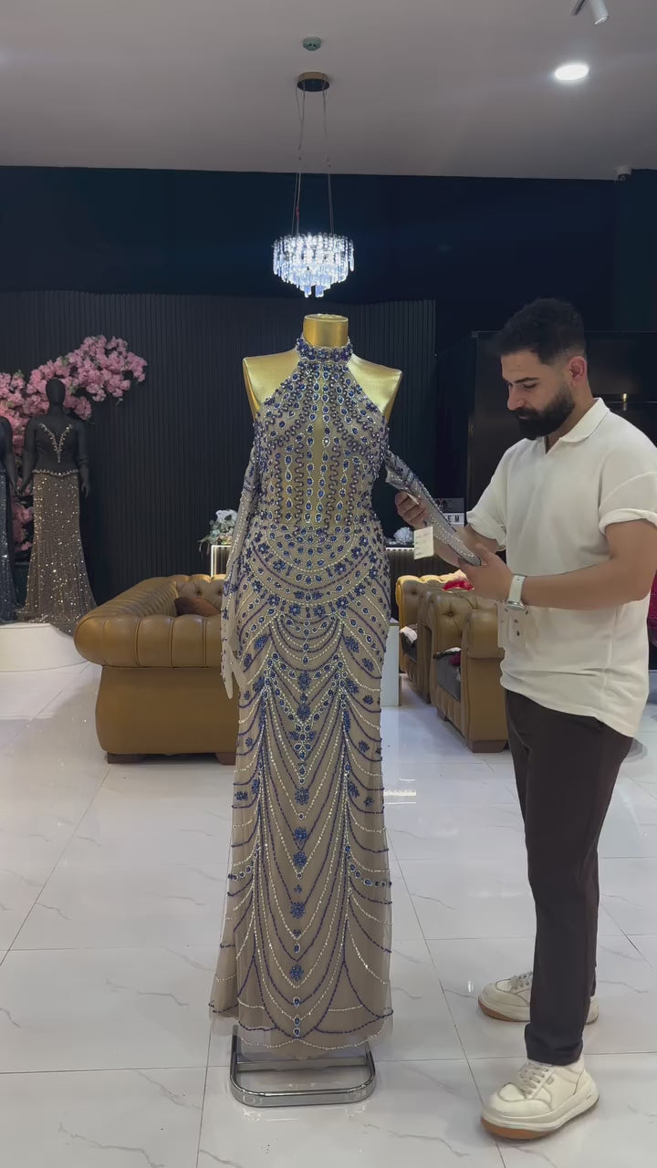 Luxury Mermaid Evening Gown Royal Blue Heavy Beaded Halter Formal Dress With Detachable Long Mesh Gloves For Wedding Party EV1774