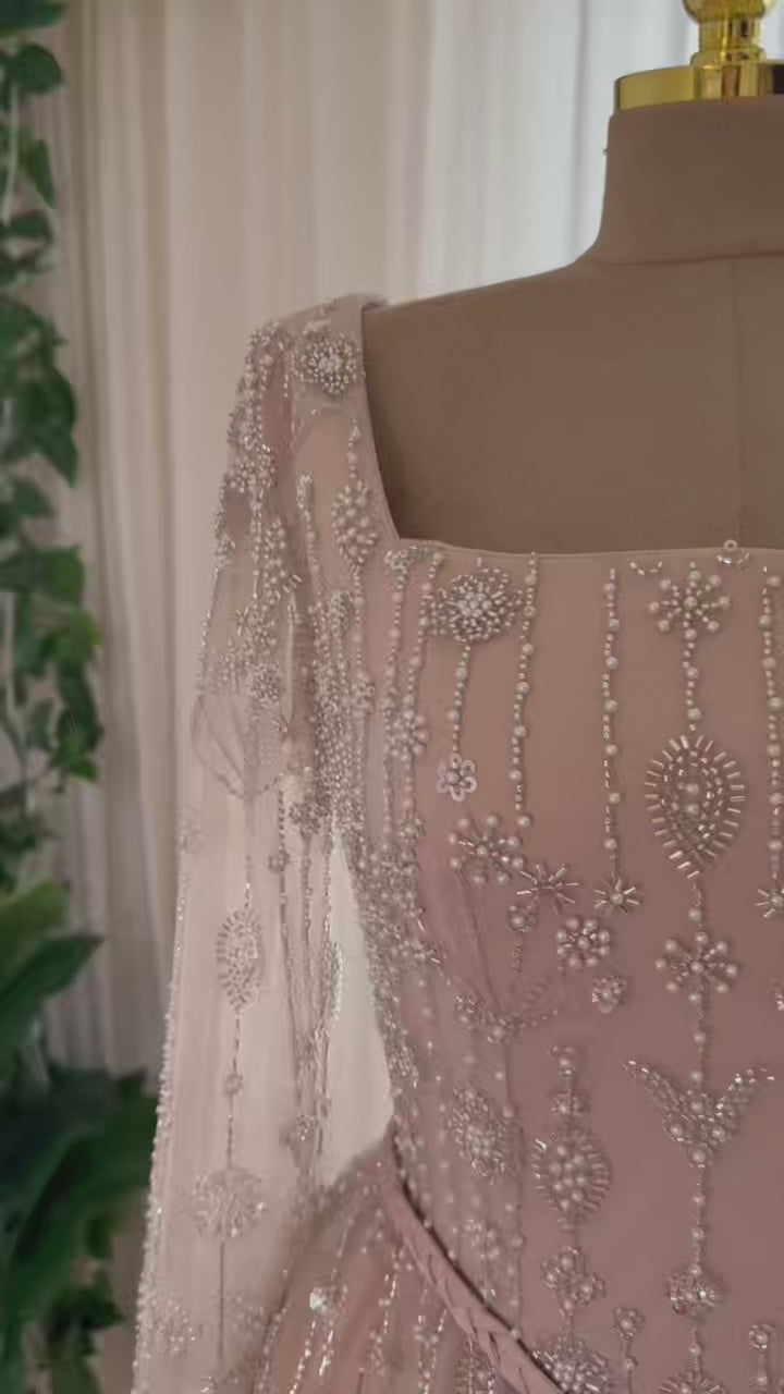 Champagne Square Neck Long Sleeve Beaded Evening Dress, Luxury Hand Embroidery A-Line Formal Gown, Modest Muslim Wedding Guest Dress EV1707