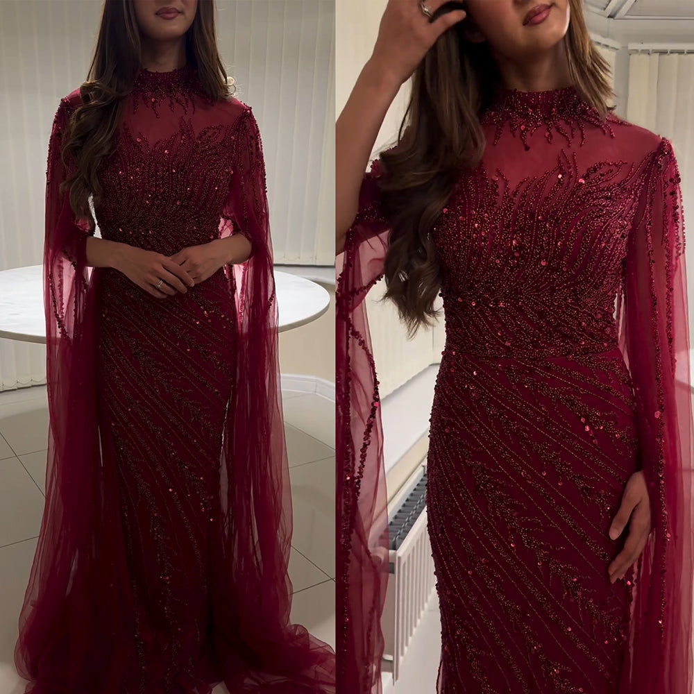 Luxury Dubai Champagne Rhinestone Mermaid Evening Dress High Neck Tulle Cape Sleeve Formal Gown For Wedding Banquet EV1166